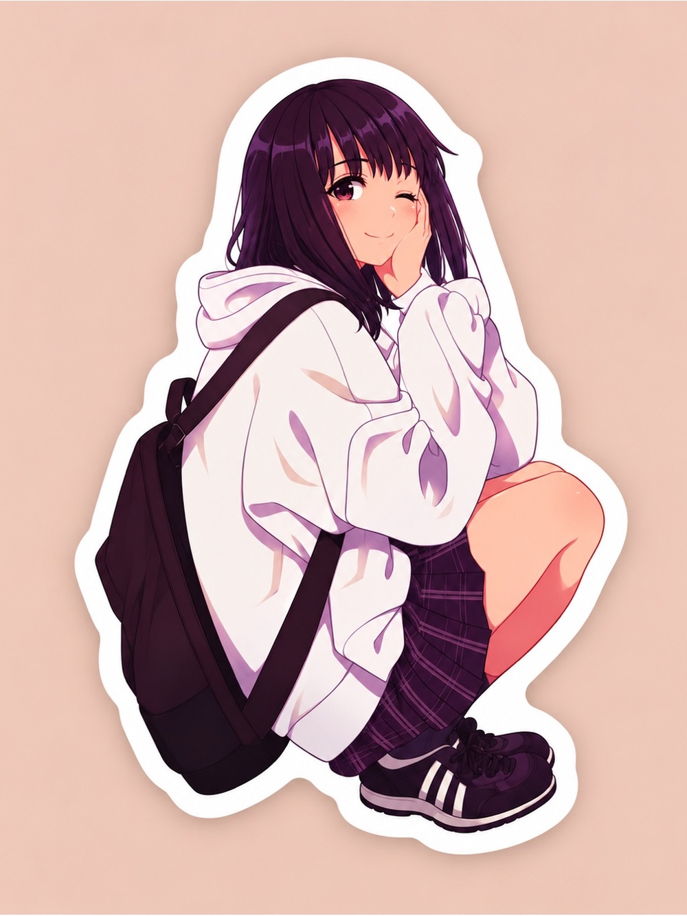 Anime Girl White Hoodie Sticker | Cute Schoolgirl Vinyl Decal